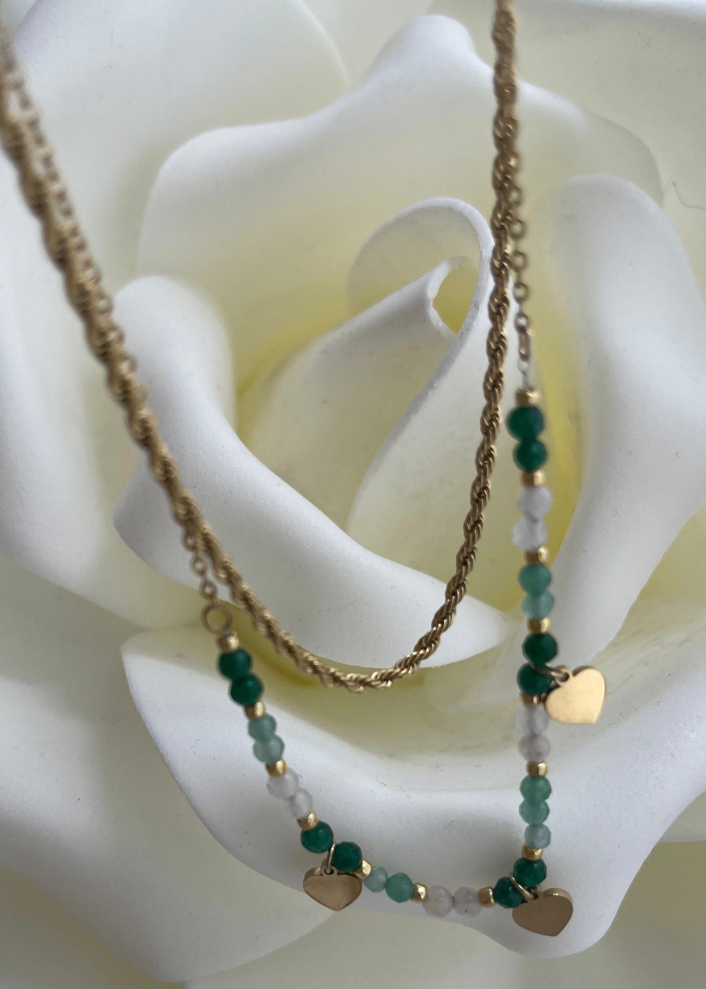 Κολιέ hearts green & gold