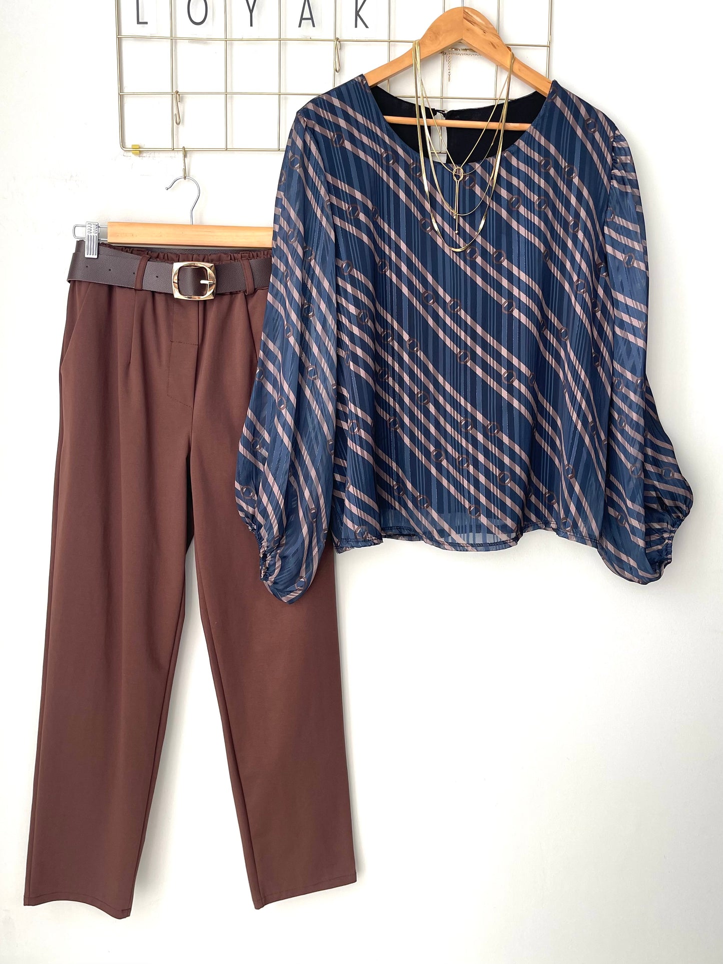 Μπλούζα SELINA blue navy/ brown από ντεβορε μουσελίνα