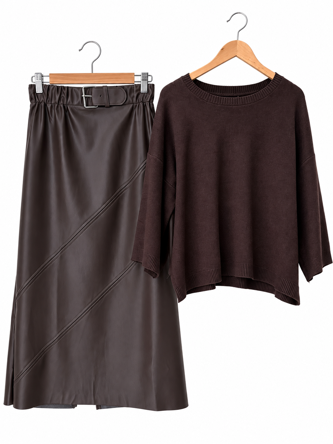 Σετ μπλούζα πλεκτή με φούστα midi LORELAI brown