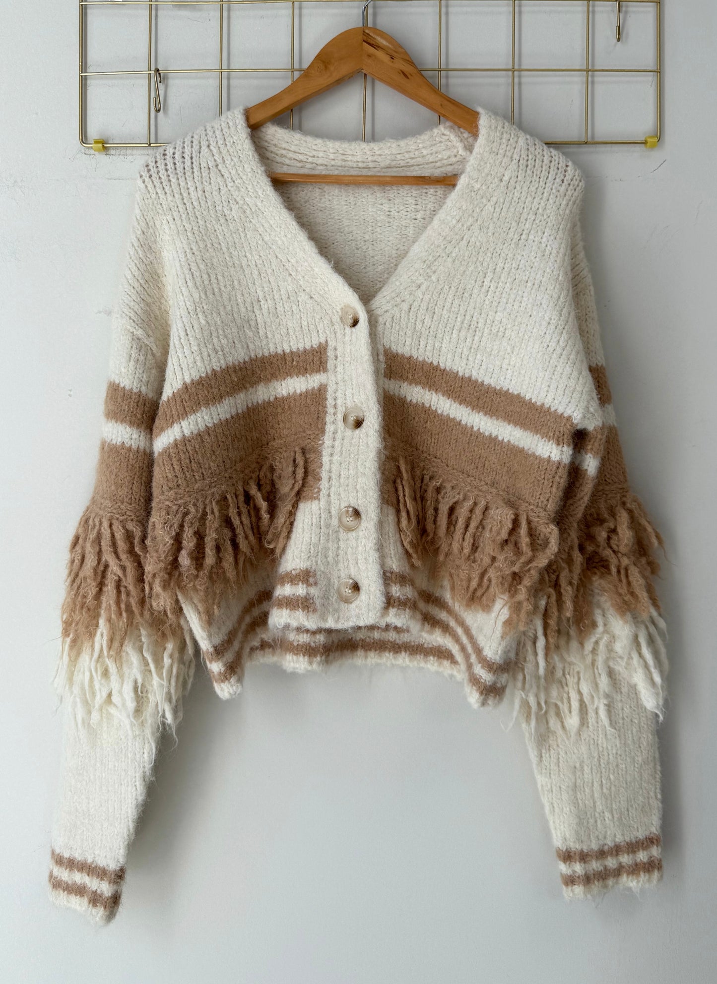 Ζακέτα πλεκτή με κρόσσια BELINA ecru/taba