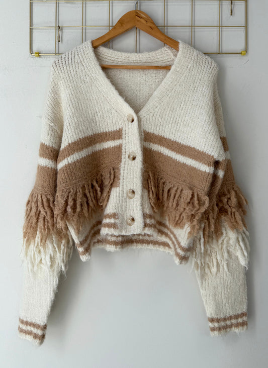 Ζακέτα πλεκτή με κρόσσια BELINA ecru/taba