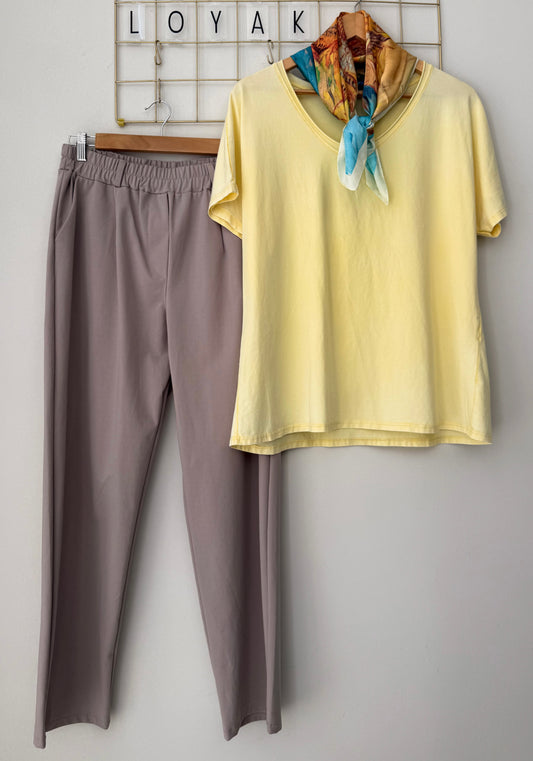 Σετ μπλούζα με φουλάρι και παντελόνι  DASTIA yellow/mocha