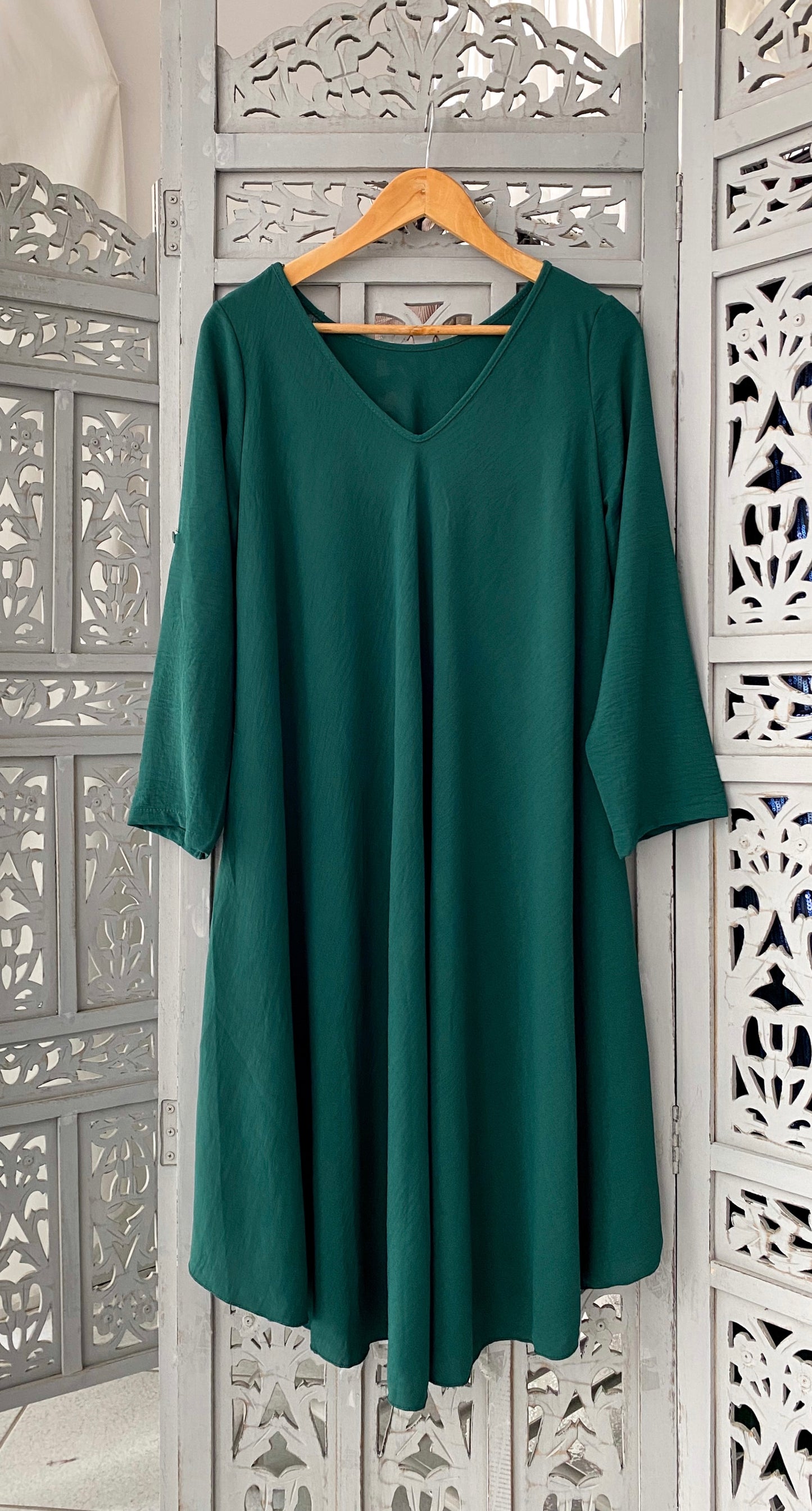 Φόρεμα midi σε Α γραμμή και μανίκι emerald green