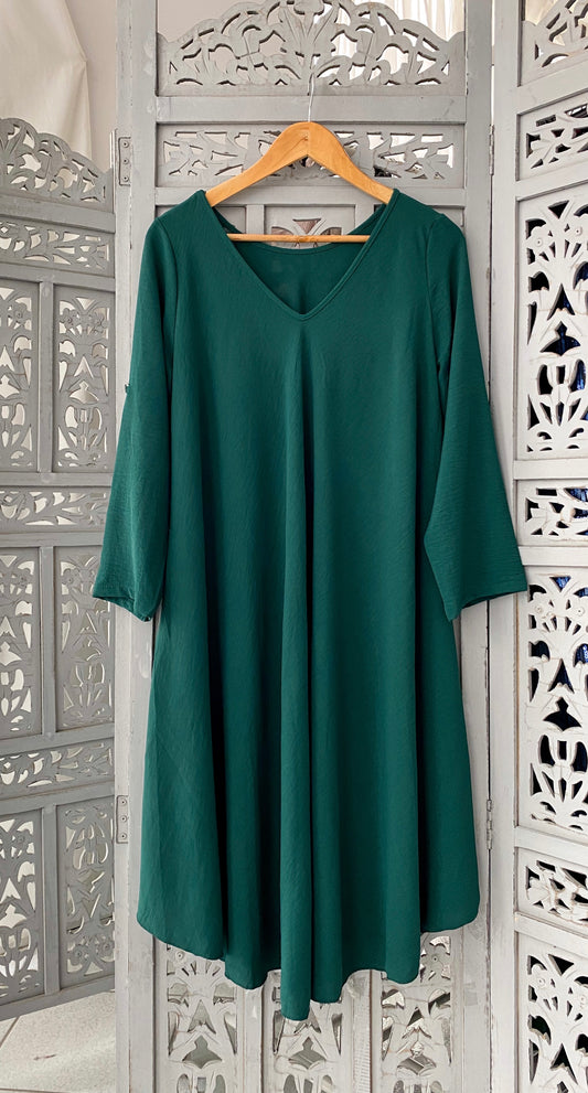 Φόρεμα midi σε Α γραμμή και μανίκι emerald green