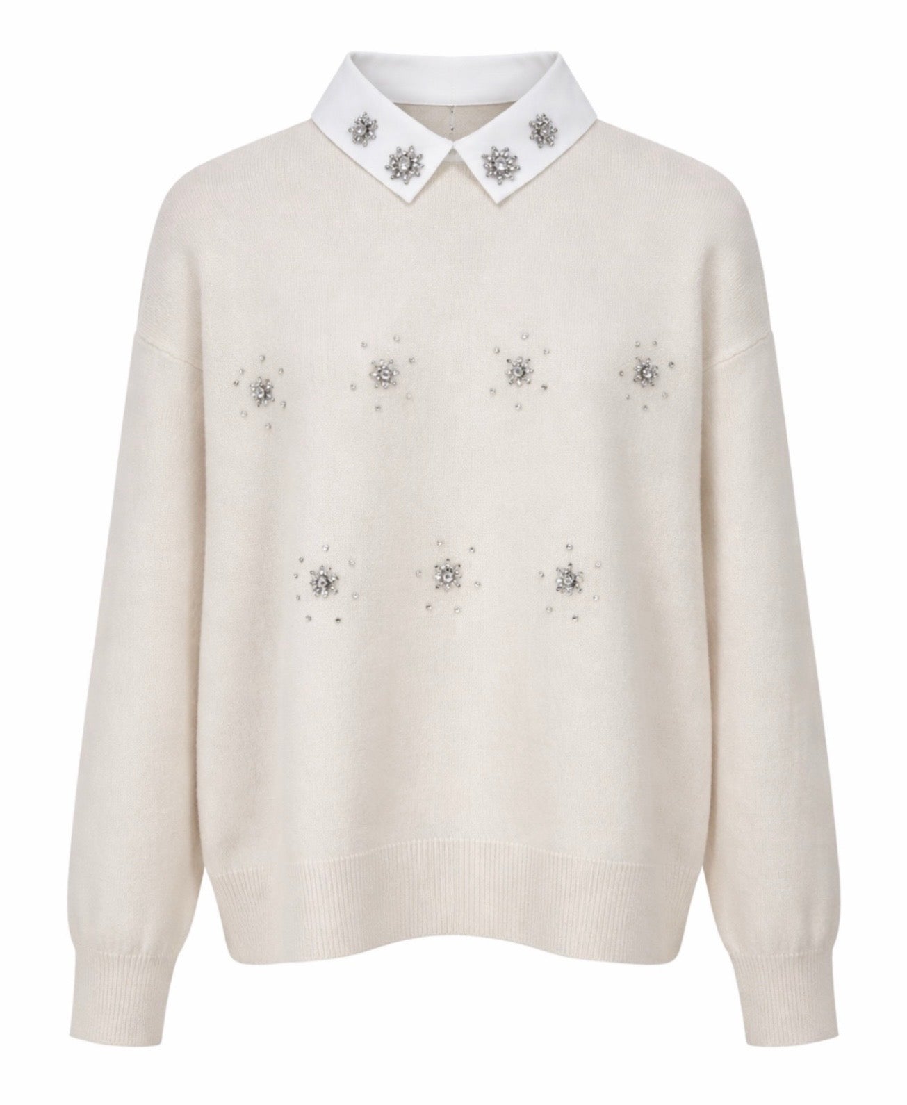 Μπλούζα πλέκτη BLISS με λευκό γιακά και στρας off white