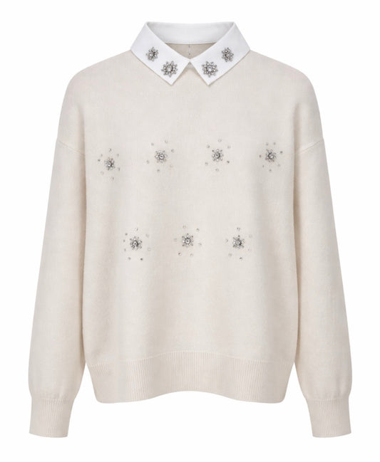 Μπλούζα πλέκτη BLISS με λευκό γιακά και στρας off white